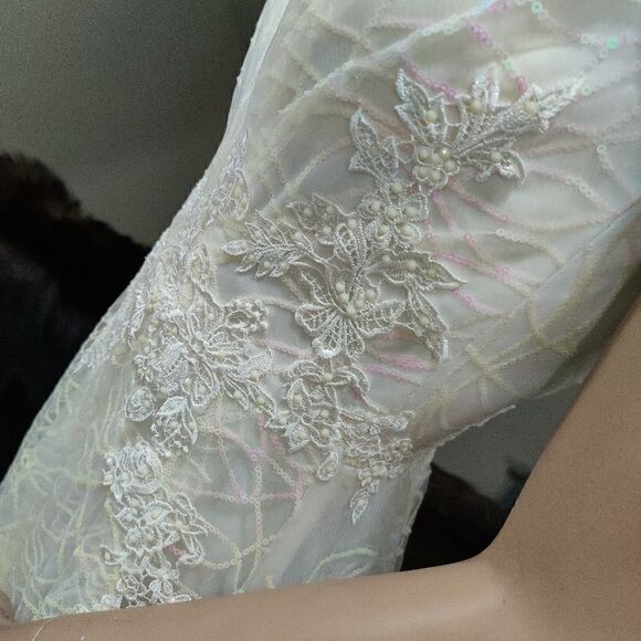 Color Shifting Sequins & Beaded Embroidered Lace Tulle Gown, White Wedding Dress - Picture 12 of 17